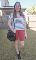 Red Denim, Stripes, Sneakers and Black Bags