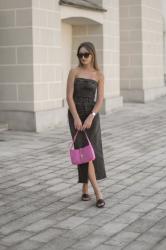 Denim midi dress&pink bag