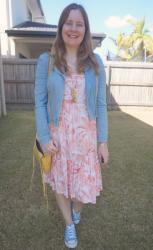 Tiered Printed Sundresses, Sneakers and Denim Jacket