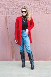 Cherry Red Blazer + Black Croc Stiletto Boots.