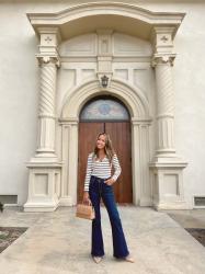 Striped Bodysuit + Dark Denim Flare Jeans