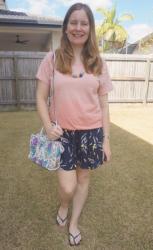 Away From Blue  Aussie Mum Style, Away From The Blue Jeans Rut:  Accessorising Pink and White Shorts And Tee Outfits: Blue Kimonos and Pink  Bags