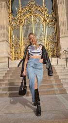 Glam’rock en jupe en jean et perfecto