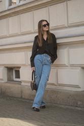 Cargo jeans, black satin skirt&leather bag