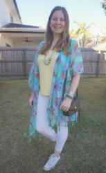 Yellow Tees, Jeans, Olive Darren Bag and Floral Cover Ups