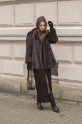 Faux fur, chocolate bag& leather boots