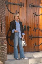 Men’s blazer and shirt and wide leg jeans