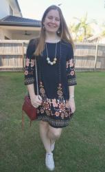 Floral Print Dresses and Burgundy Crossbody Bag | Weekday wear Link Up