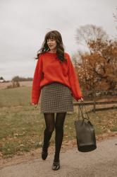 Styling a Bright Red Sweater with a Wool Mini Skirt
