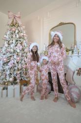 Mommy and Me Gingerbread Pajamas + Matching Pink Sequin Santa Hats