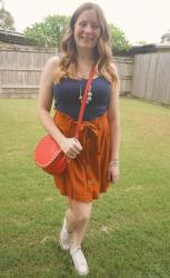 Navy Tops, Orange Skirts and Red Bag Outfits