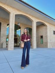 Dark Denim Flare Jeans + Burgundy