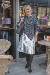 Silver pleated skirt with a big jumper