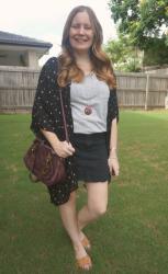 Black Denim Skirts and Tee Outfits With Purple Chloe Paraty Bag