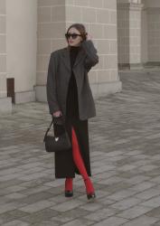 Red tights, oversize blazer, maxi skirt 