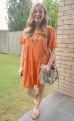 Orange Tiered Dresses and Grey MAM Bag For Kids Birthday Parties