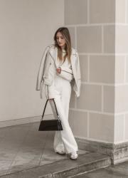 White look, palozzo pants, atomy bag