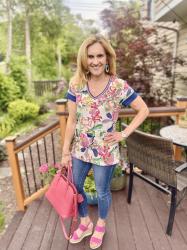 Unveiling My Flowering Planters in a Stunning Floral Blouse by Johnny Was