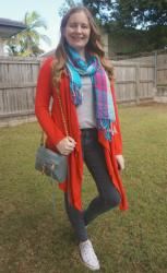 Grey Tees, Black Jeans, Long Cardigans and Scarves