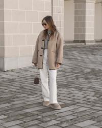 Teddy coat, wool sweater, white panst