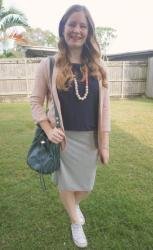 Navy Tees, Grey Pencil Skirts and Teal Bucket Bag