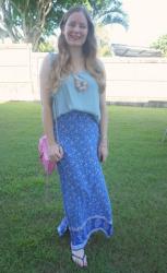 Blue Tops, Printed Maxi Skirts and Pink Bags