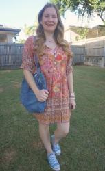Floral Print Dresses And Denim Tote Bag