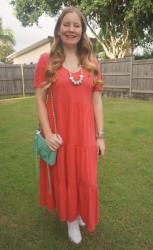 Tiered Midi Dresses With Court Royale Sneakers And Aqua Mini MAC Bag