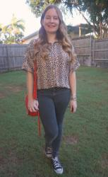 Red Bag, Black Skinny Jeans and Animal Print Office Outfits