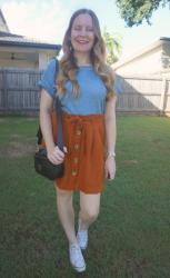 Blue Tees, A-Line Skirts and Black Mimco Mim-Mazing Crossbody Bag