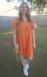 Orange Tiered Dresses and Yellow Rebecca Minkoff Mini MAC Bag