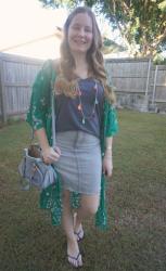Grey Tees With Green And Denim Skirts