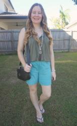 Green and Blue Shorts Outfits With Black Bags