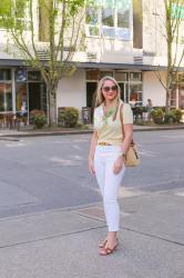 Spring Style: Butter Yellow + Raffia Bag + Silk Scarf