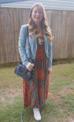Red Maxi Dresses, Denim Jackets and Blue Bags