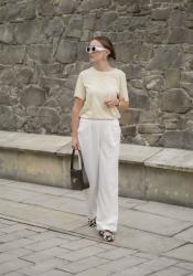 Butter yellow, linen pants, crow shoes
