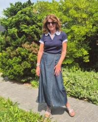 Denim Wrap Skirt with a Blue Top
