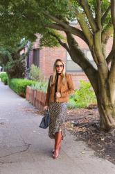 Fall Style: Suede Jacket + Leopard Satin Midi Skirt
