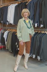 Mint green shirt with brown trousers, photographed at The New Farm