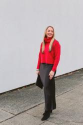 Holiday Outfit Idea: Satin Maxi Skirt + Red Cropped Sweater