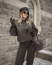 Leather bomber in winter