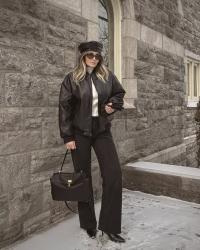 Leather bomber in winter