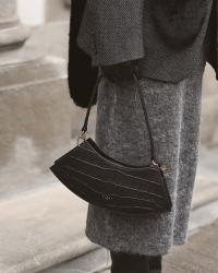 Wool blazer, midi skirt, leather boots