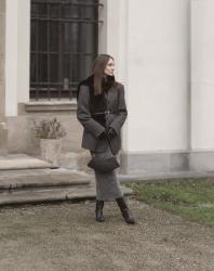 Wool blazer, midi skirt, leather boots