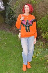 Orange Sequin Parrot Sweatshirt + Style With a Smile Link Up