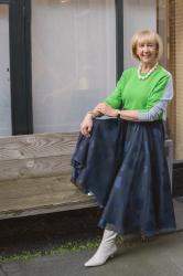 Wide blue skirt with a green jumper