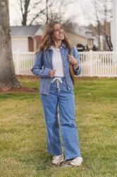 Early Spring Double Denim Outfit with a Denim Shacket & Wide-Leg Jeans