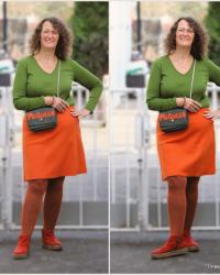 Orange und Grün kombinieren – Frühlingslook mit Walkwolle-Minirock