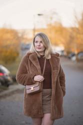 Brown Faux Fur Jacket With A Mini Skirt