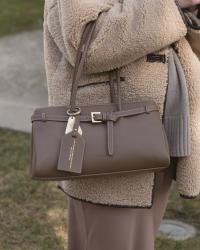 Maxi dress, cashmere sweater, leather bag